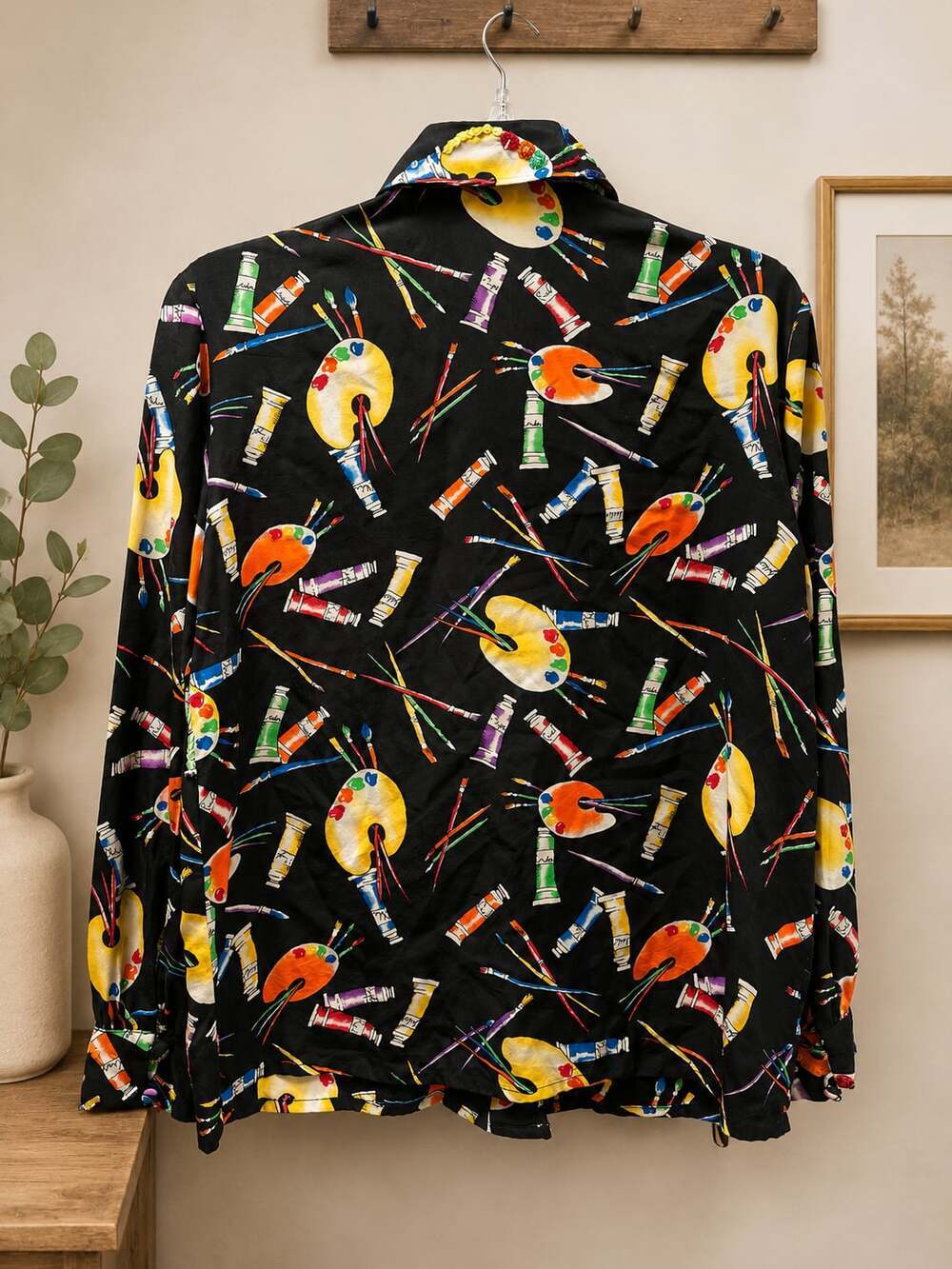 Vintage Exit Shops 100% Silk Beaded Paint Palette Art Print Button Down Shirt S - Picture 3 of 8